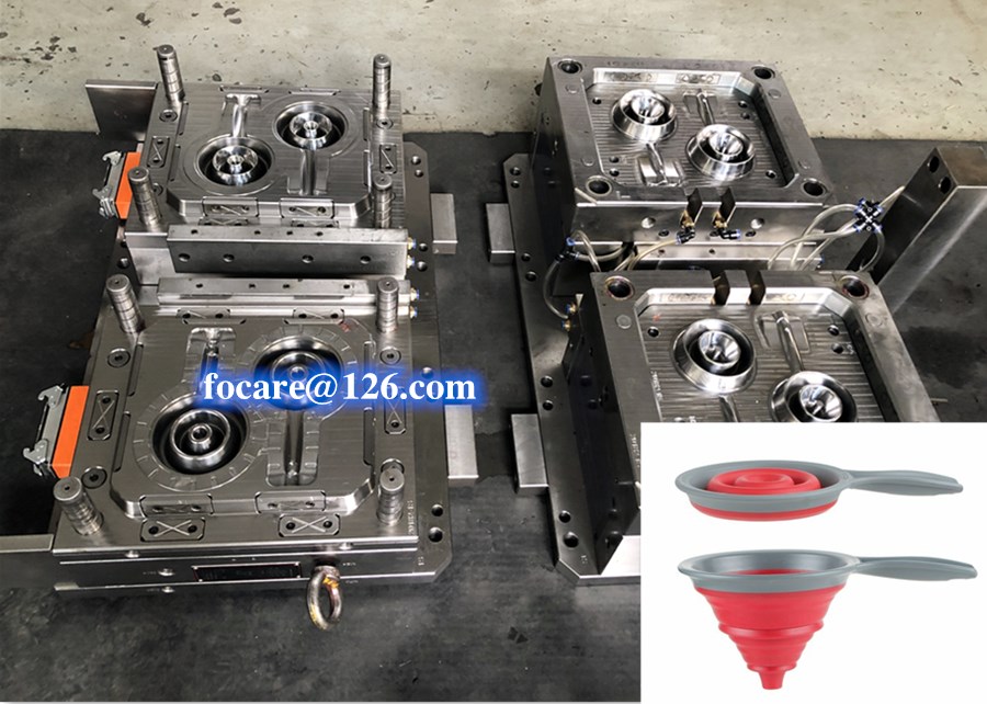 Two shot silicone collapsible funnel with handel bi material rotary mold